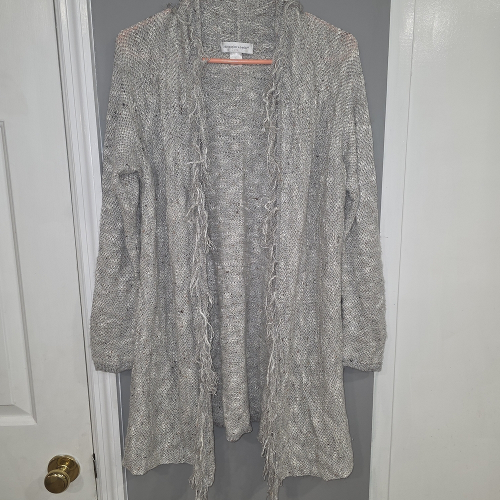 Christopher & Banks Light Gray Fringed Cardigan